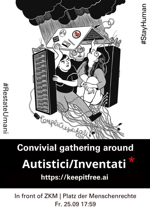 Drawing of three people sitting between servers and cables, under a rainy cloud, covering themselves with a laptop full of stickers.