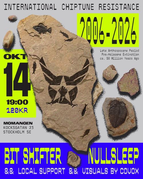 International Chiptune Resistance 2006-2026. Fossils, but they are the nullsleep logo and other wild animals. The colors are neon green and electric blue on a grey background. The font is digital and retro-futuristic.